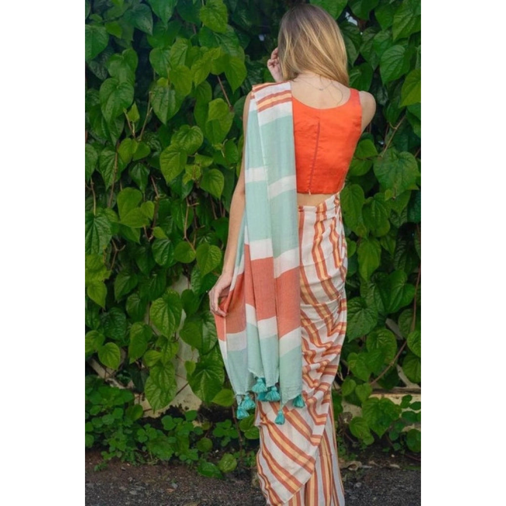 Vaystra Linen Printed Saree With Unstitched Blouse 5.5Mtr – Orange