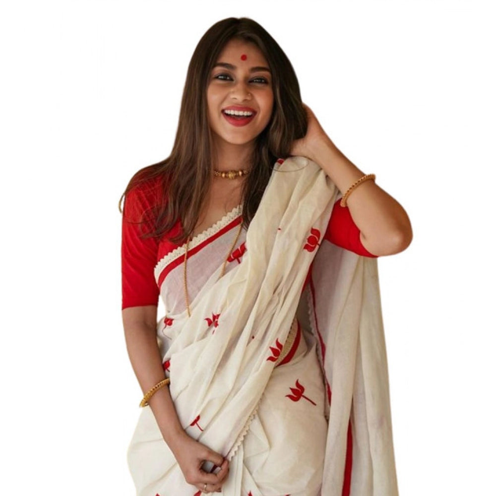 Vaystra Linen Printed Saree With Unstitched Blouse 5.5Mtr – White