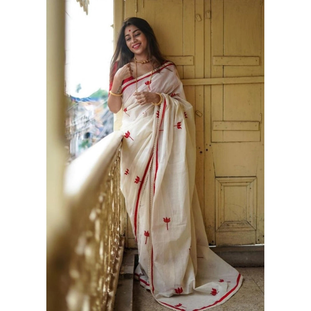 Vaystra Linen Printed Saree With Unstitched Blouse 5.5Mtr – White