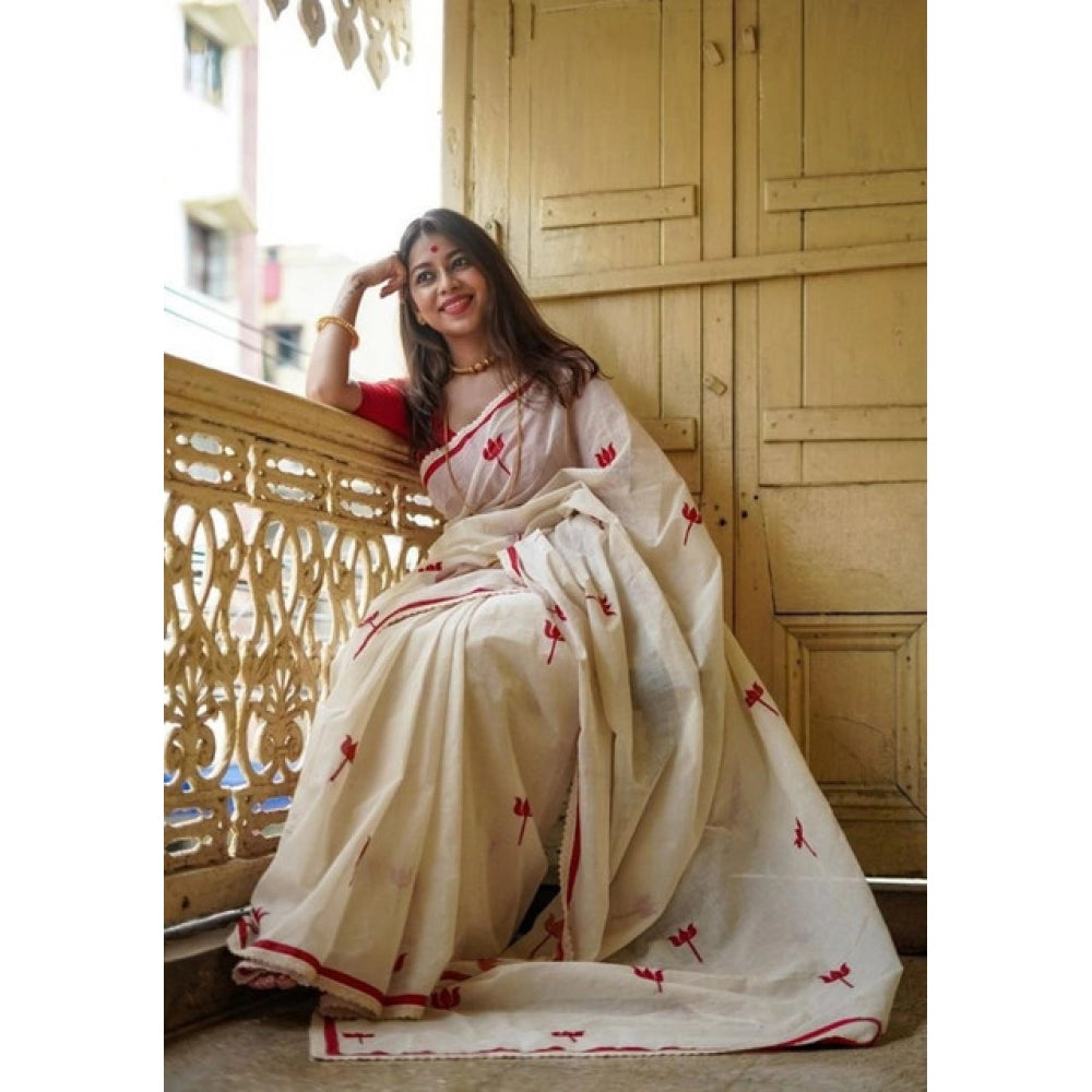 Vaystra Linen Printed Saree With Unstitched Blouse 5.5Mtr – White