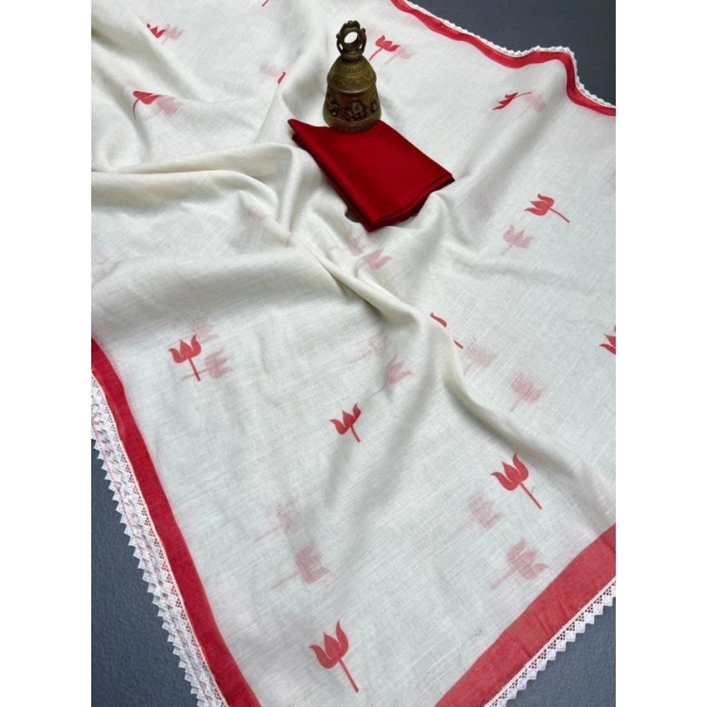 Vaystra Linen Printed Saree With Unstitched Blouse 5.5Mtr – White