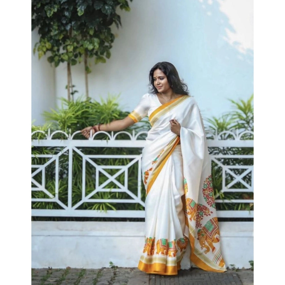 Vaystra Linen Printed Saree With Unstitched Blouse 5.5Mtr – White