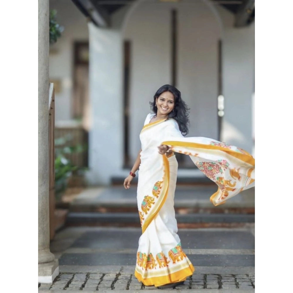 Vaystra Linen Printed Saree With Unstitched Blouse 5.5Mtr – White