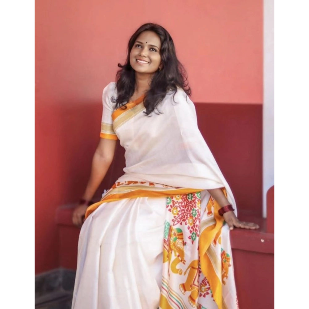 Vaystra Linen Printed Saree With Unstitched Blouse 5.5Mtr – White