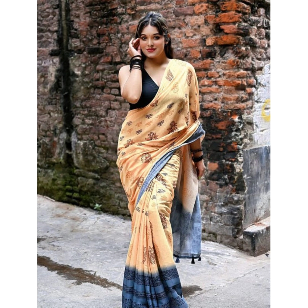 Vaystra Linen Printed Saree With Unstitched Blouse 5.5Mtr – Peach