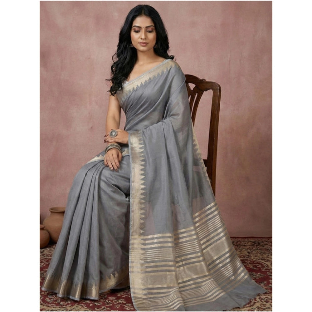 Vaystra Cotton Printed Saree With Unstitched Blouse 5.5Mtr – Gray