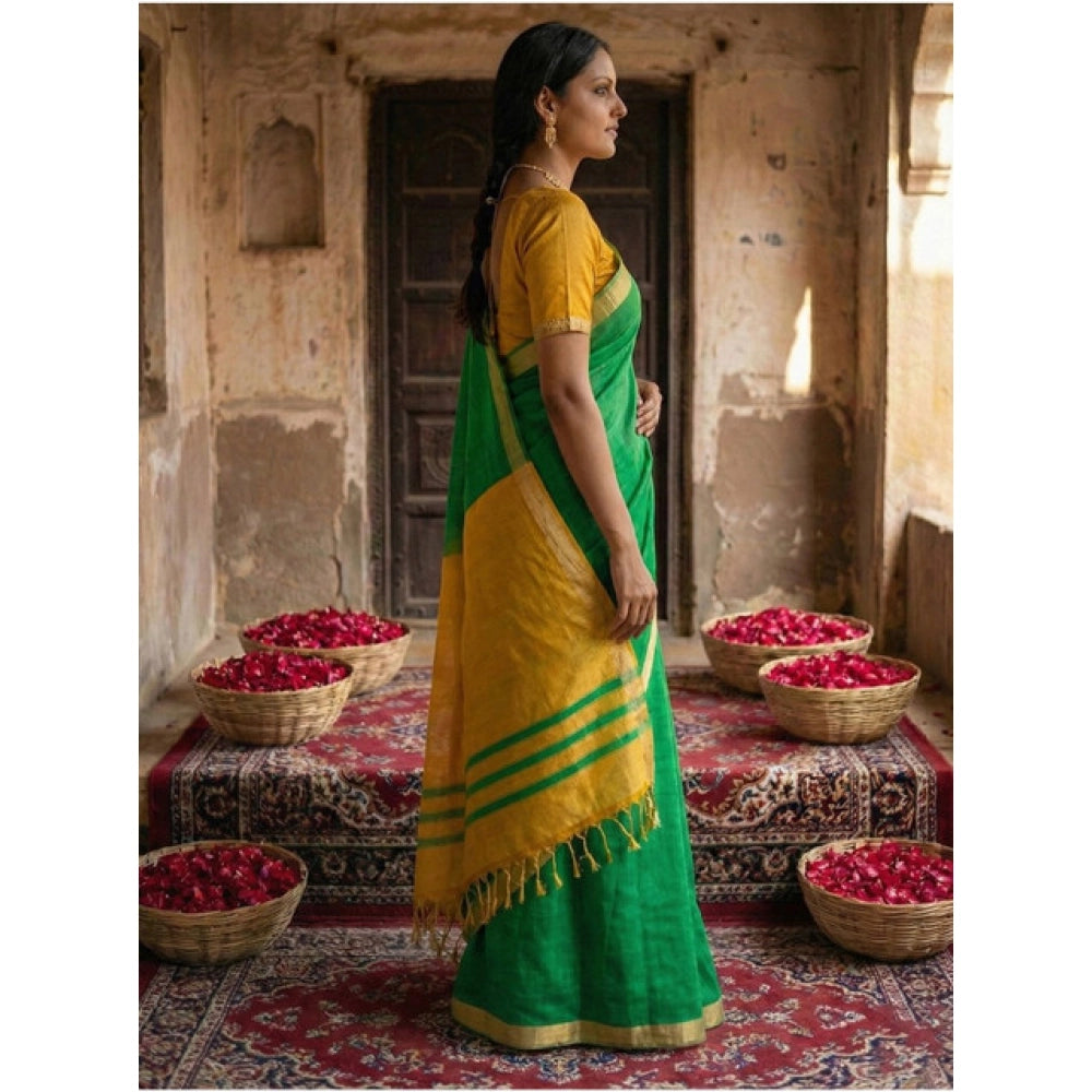 Vaystra Cotton Printed Saree With Unstitched Blouse 5.5Mtr – Green