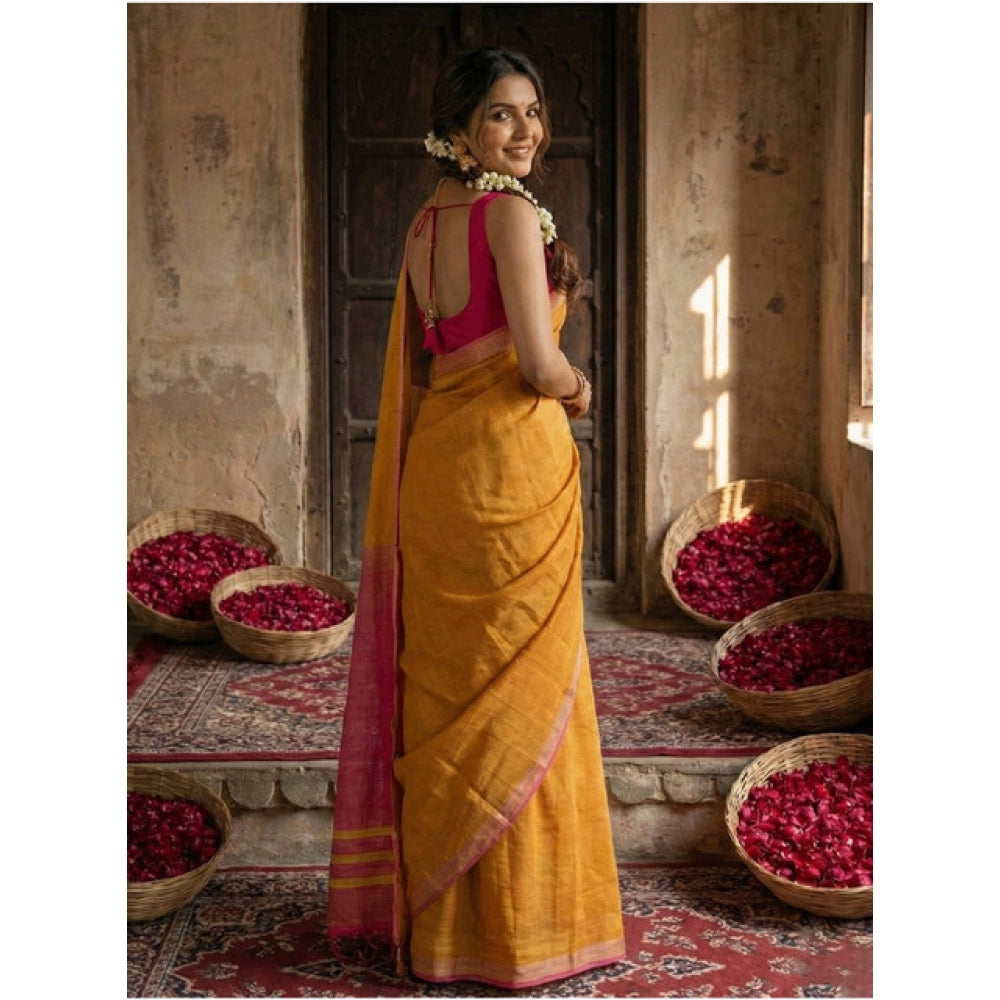 Vaystra Cotton Printed Saree With Unstitched Blouse 5.5Mtr – Yellow