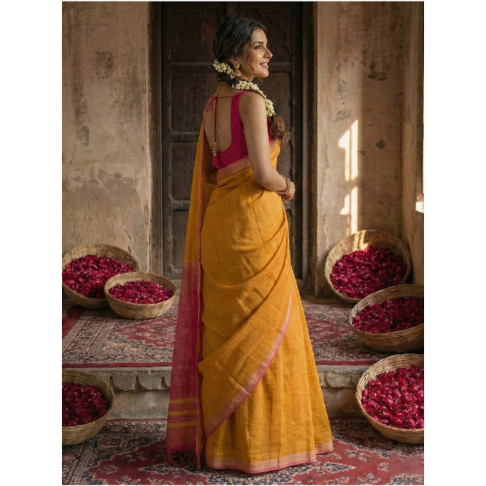 Vaystra Cotton Printed Saree With Unstitched Blouse 5.5Mtr – Yellow