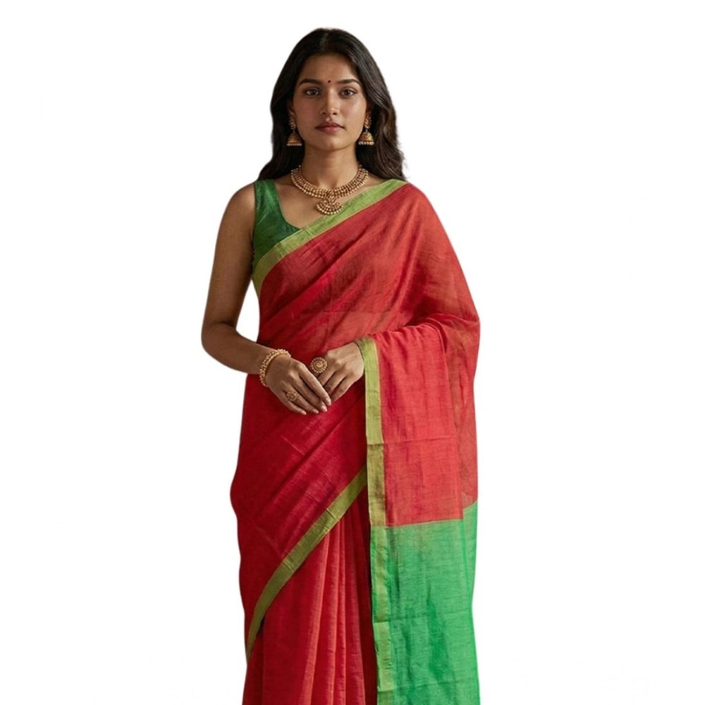 Vaystra Cotton Printed Saree With Unstitched Blouse 5.5Mtr – Red