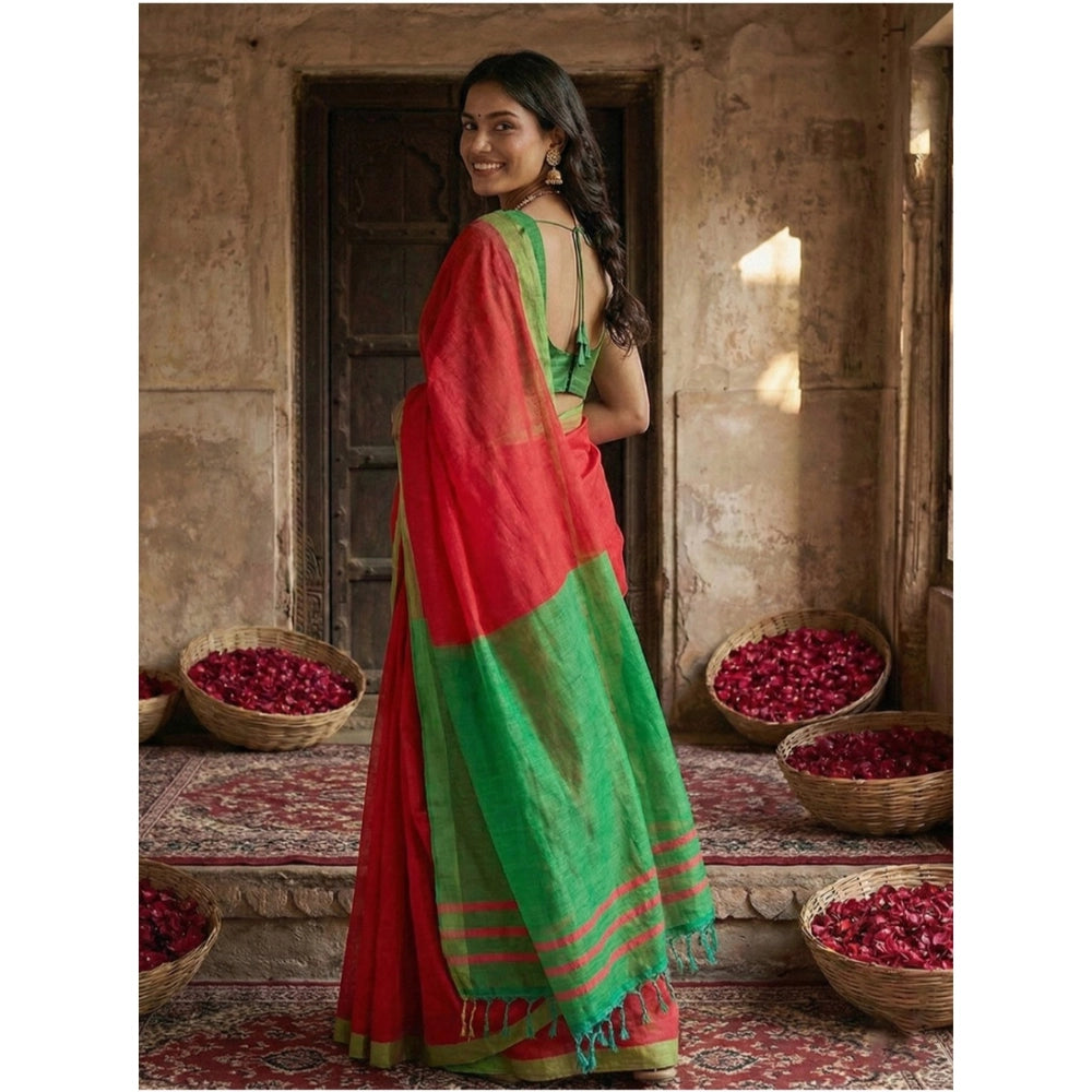 Vaystra Cotton Printed Saree With Unstitched Blouse 5.5Mtr – Red