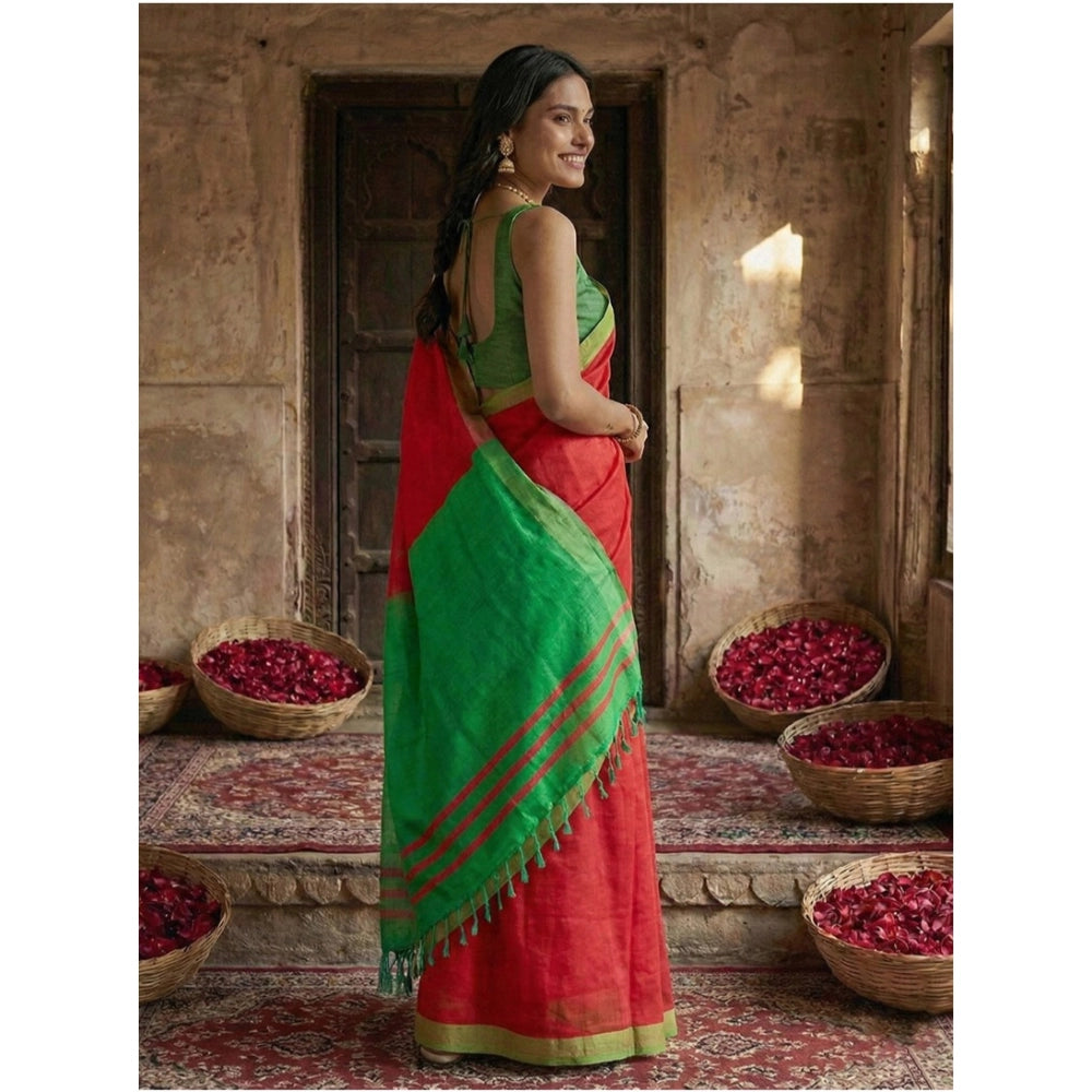 Vaystra Cotton Printed Saree With Unstitched Blouse 5.5Mtr – Red