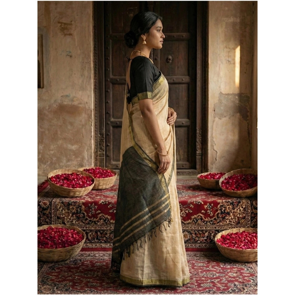 Vaystra Cotton Printed Saree With Unstitched Blouse 5.5Mtr – Beige