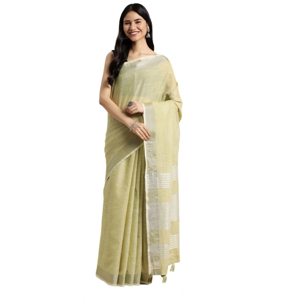 Vaystra Linen Cotton Printed Saree With Unstitched Blouse 5.5Mtr – Olive Green