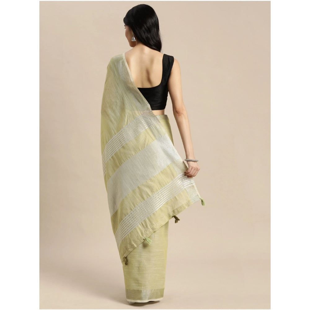 Vaystra Linen Cotton Printed Saree With Unstitched Blouse 5.5Mtr – Olive Green