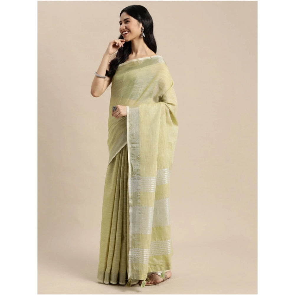 Vaystra Linen Cotton Printed Saree With Unstitched Blouse 5.5Mtr – Olive Green