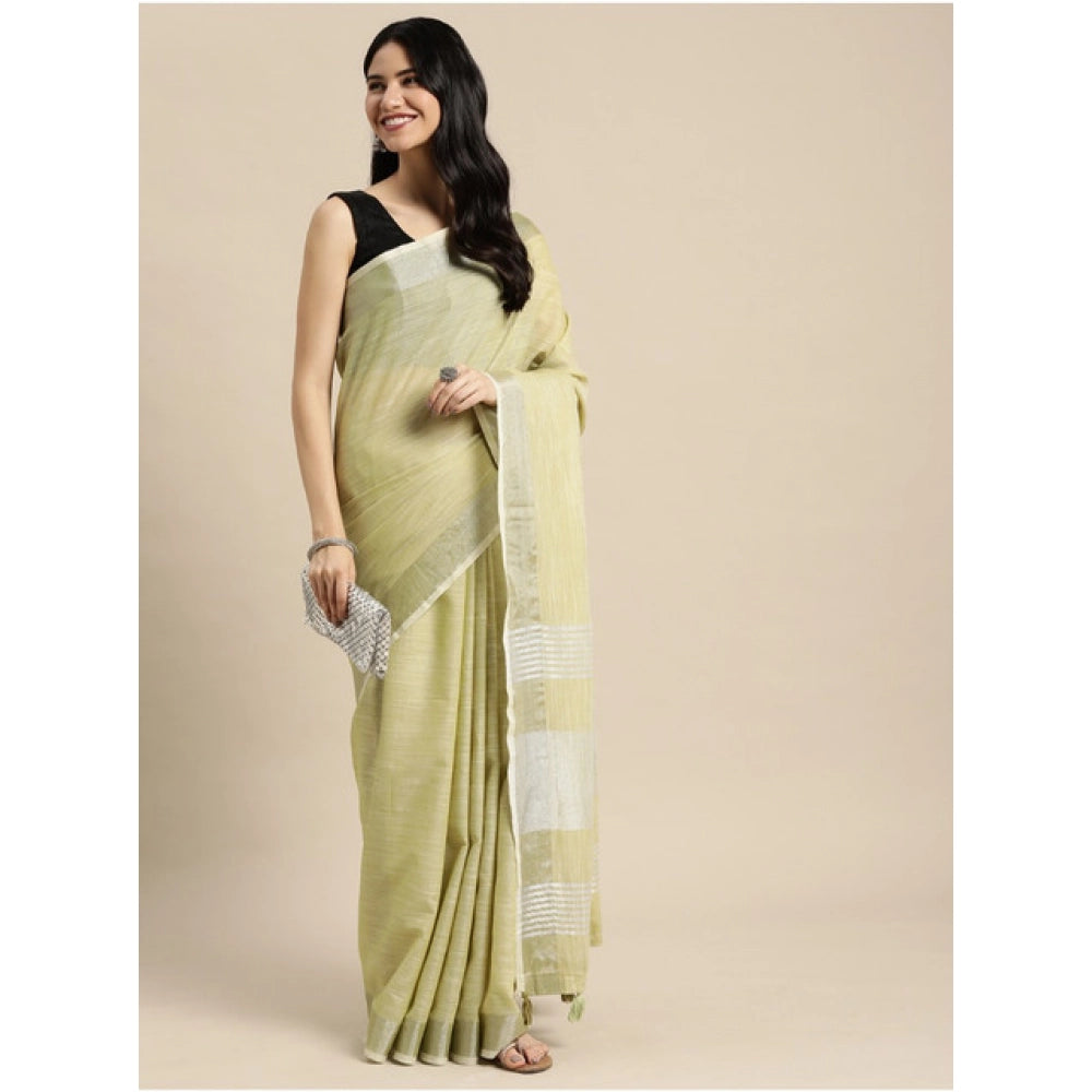 Vaystra Linen Cotton Printed Saree With Unstitched Blouse 5.5Mtr – Olive Green