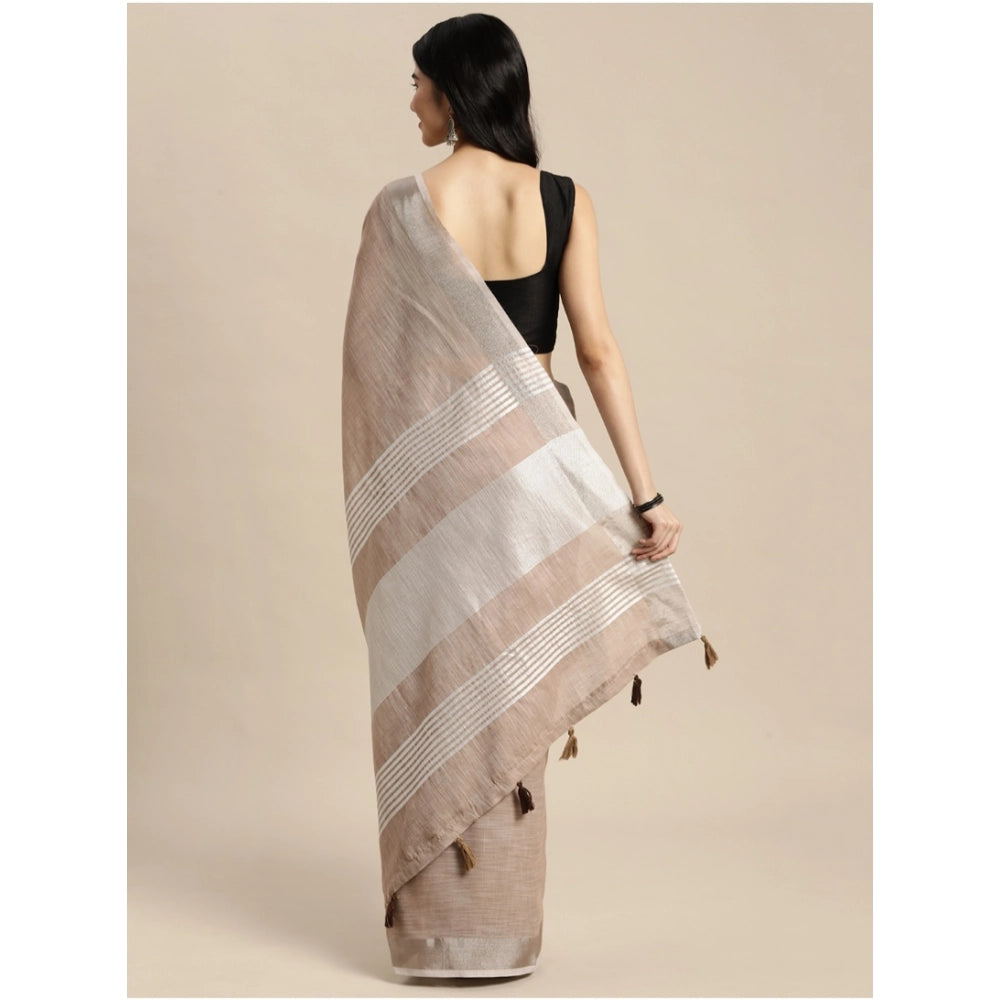 Vaystra Linen Cotton Printed Saree With Unstitched Blouse 5.5Mtr – Beige