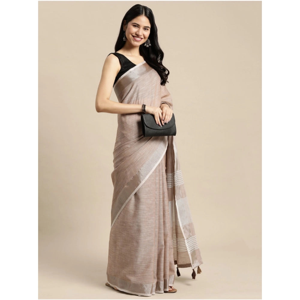 Vaystra Linen Cotton Printed Saree With Unstitched Blouse 5.5Mtr – Beige