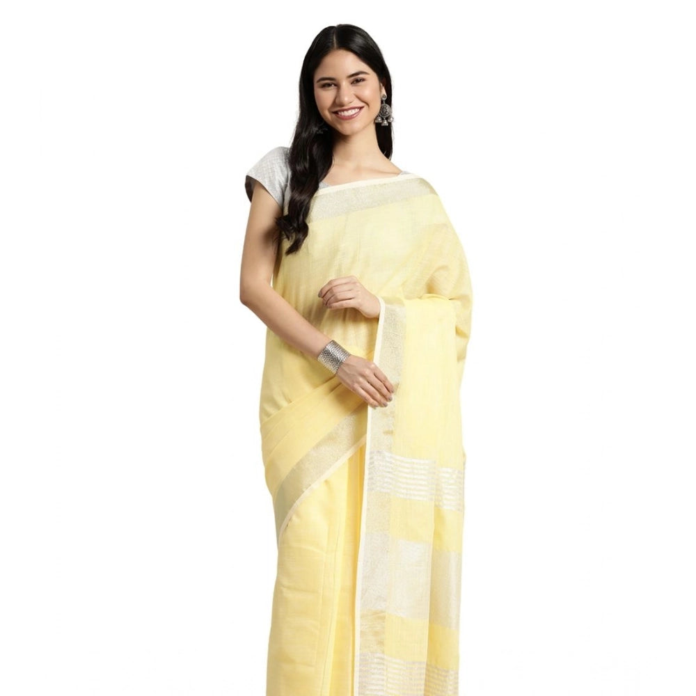 Vaystra Linen Cotton Printed Saree With Unstitched Blouse 5.5Mtr – Yellow