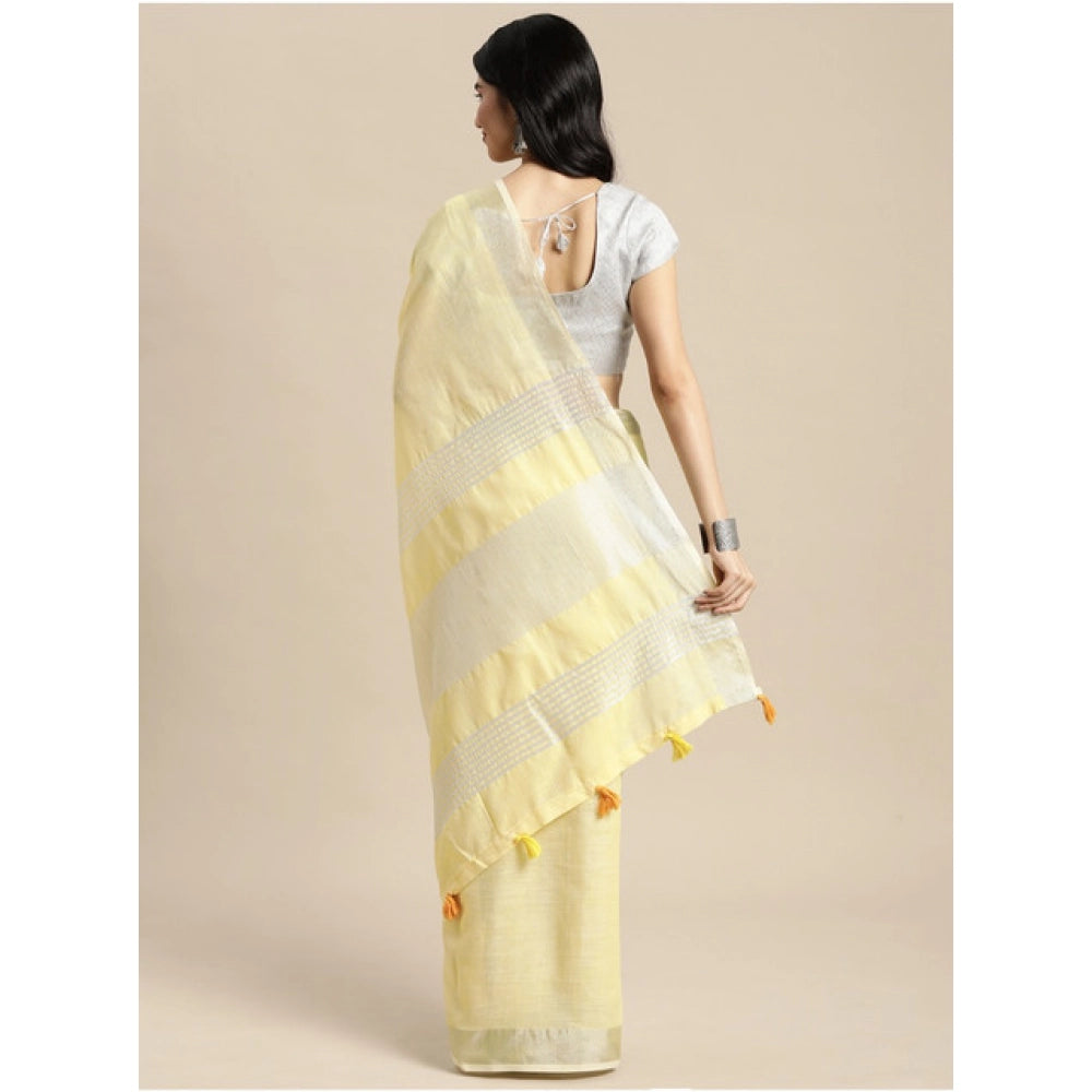 Vaystra Linen Cotton Printed Saree With Unstitched Blouse 5.5Mtr – Yellow