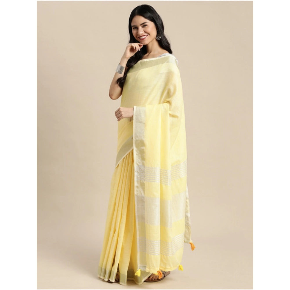 Vaystra Linen Cotton Printed Saree With Unstitched Blouse 5.5Mtr – Yellow