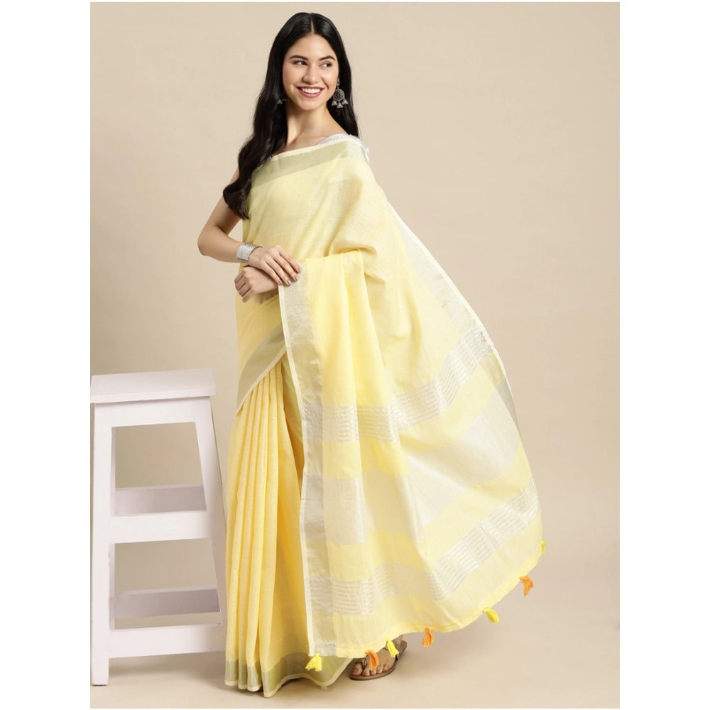 Vaystra Linen Cotton Printed Saree With Unstitched Blouse 5.5Mtr – Yellow
