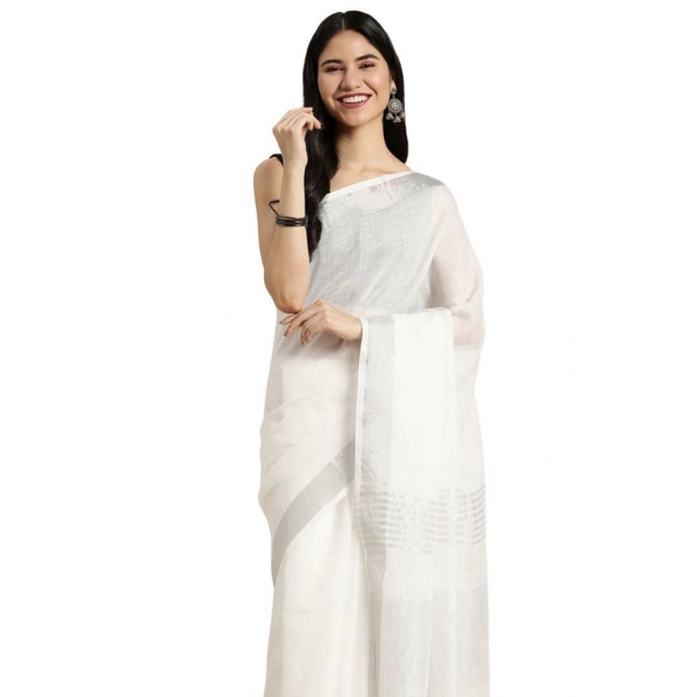 Vaystra Linen Cotton Printed Saree With Unstitched Blouse 5.5Mtr – White