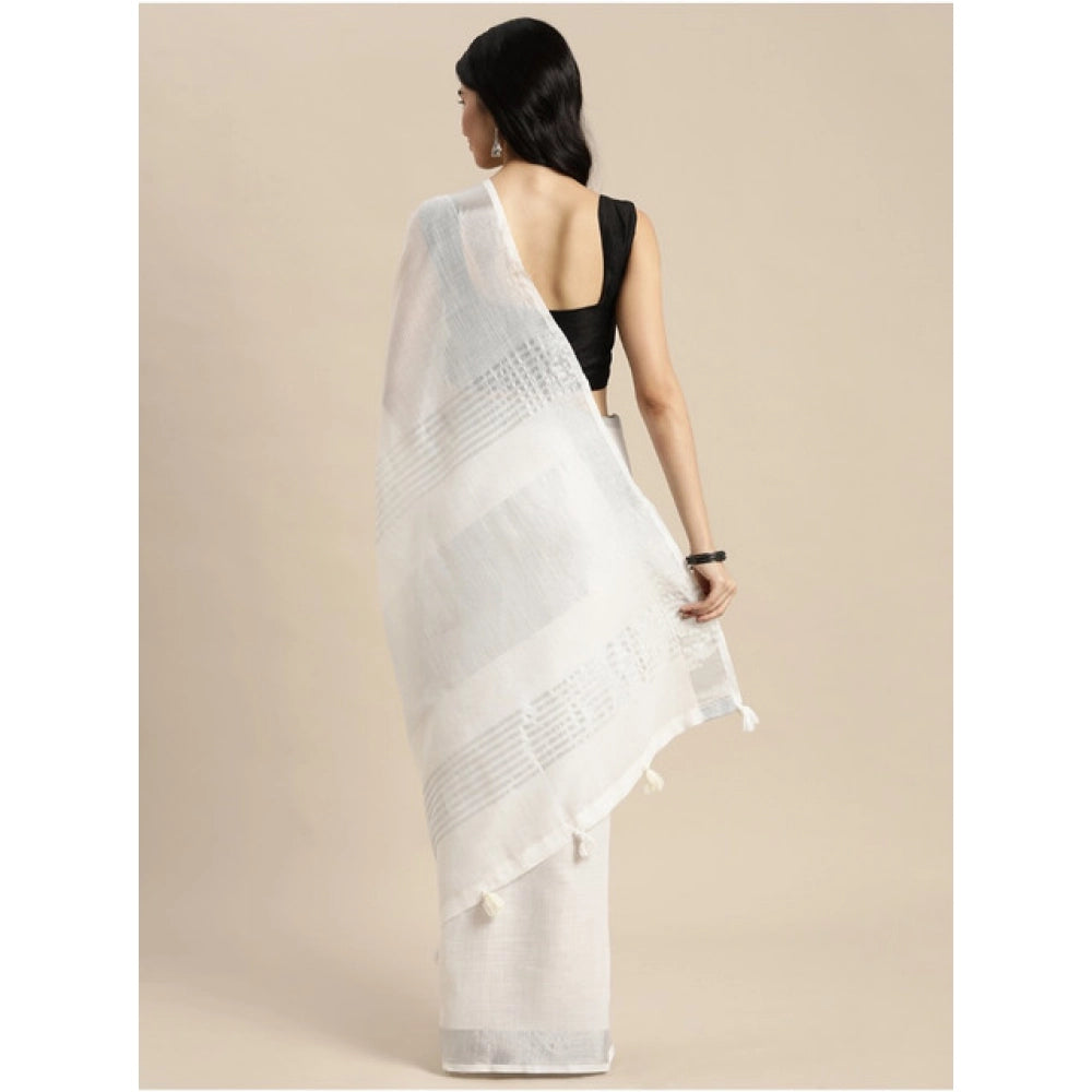 Vaystra Linen Cotton Printed Saree With Unstitched Blouse 5.5Mtr – White