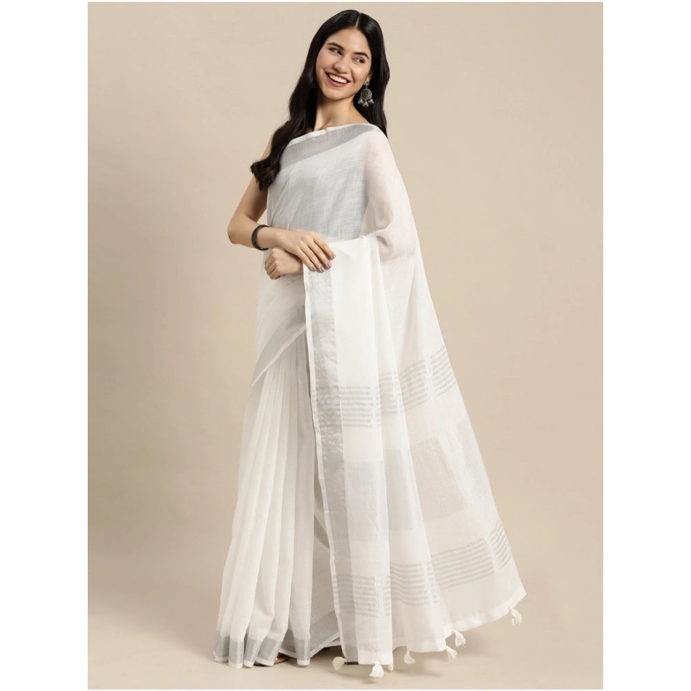 Vaystra Linen Cotton Printed Saree With Unstitched Blouse 5.5Mtr – White