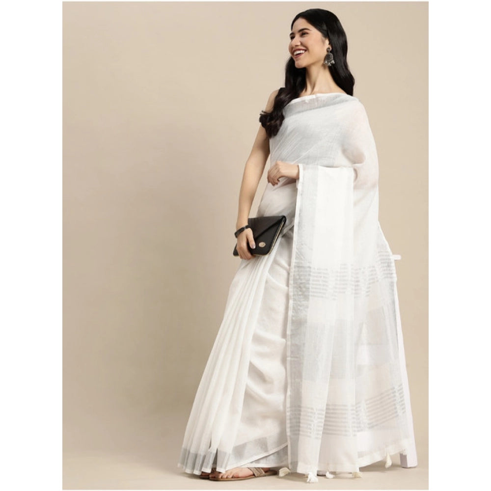 Vaystra Linen Cotton Printed Saree With Unstitched Blouse 5.5Mtr – White