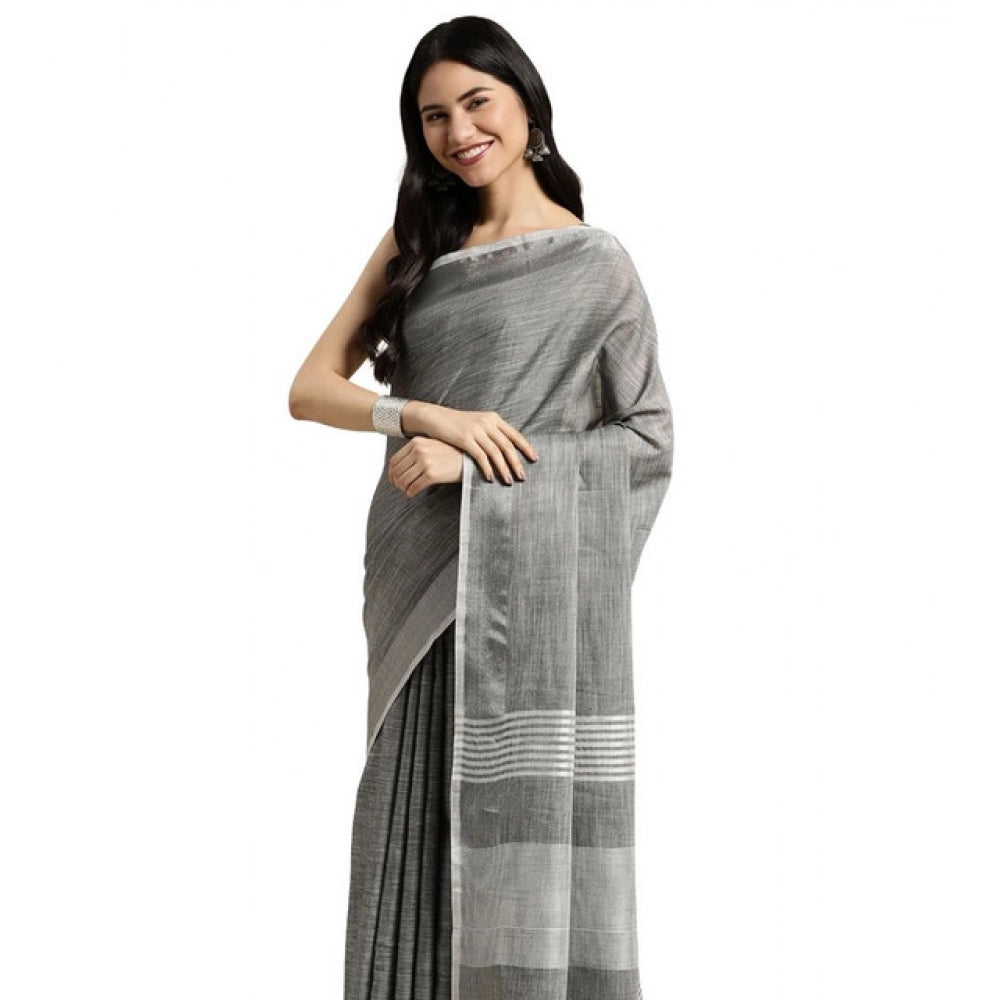 Vaystra Linen Cotton Printed Saree With Unstitched Blouse 5.5Mtr – Dark Grey