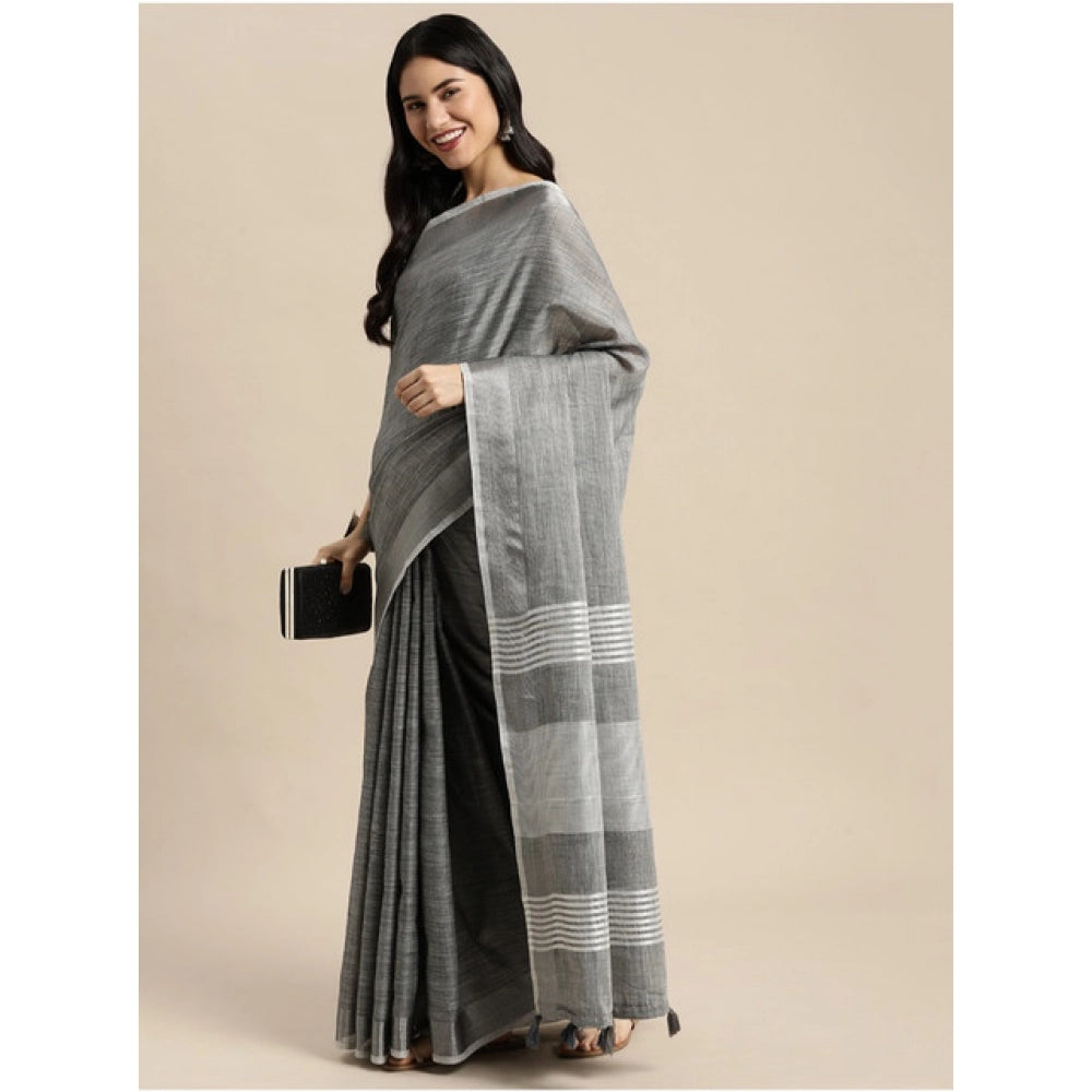 Vaystra Linen Cotton Printed Saree With Unstitched Blouse 5.5Mtr – Dark Grey
