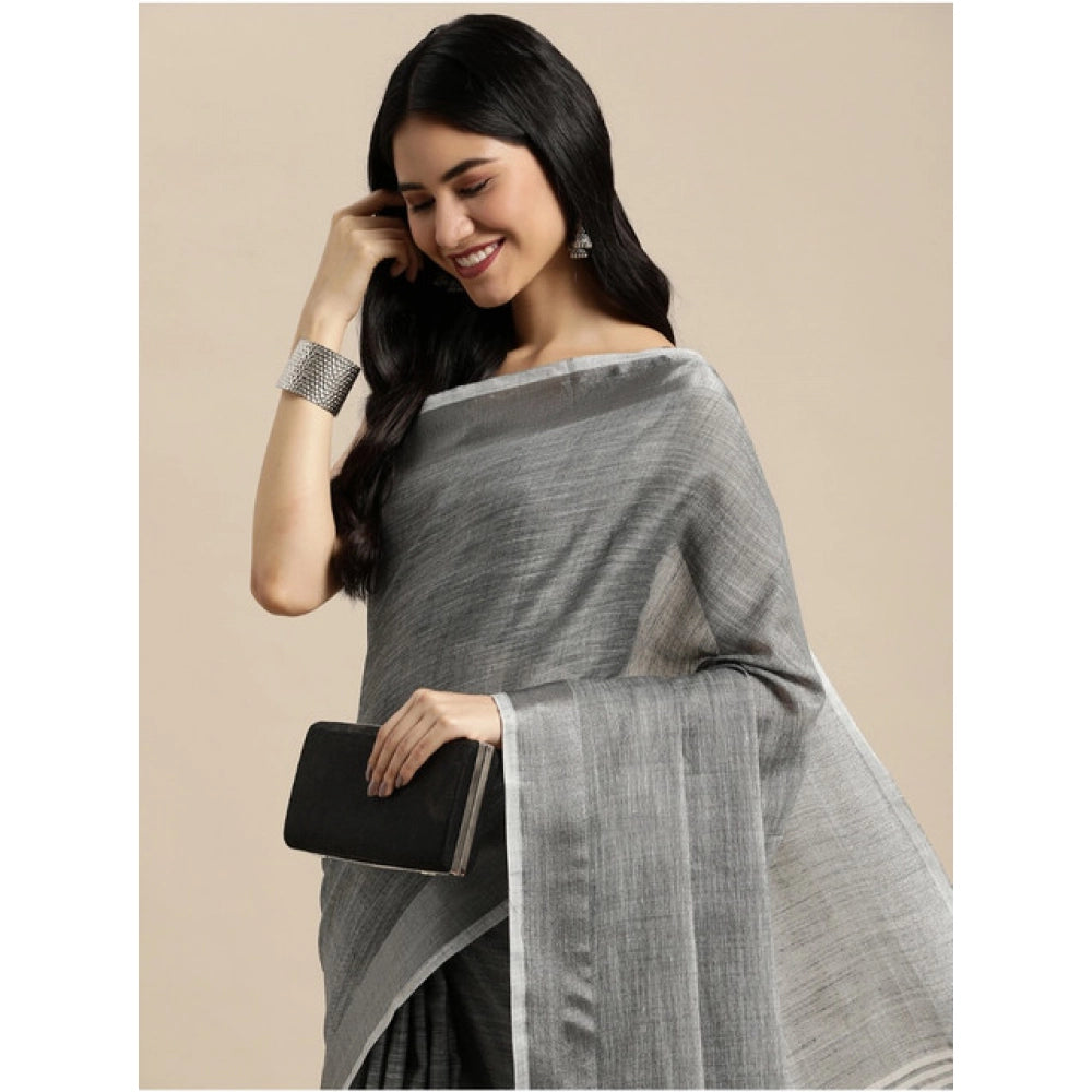Vaystra Linen Cotton Printed Saree With Unstitched Blouse 5.5Mtr – Dark Grey