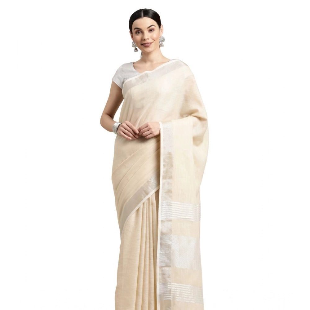 Vaystra Linen Cotton Printed Saree With Unstitched Blouse 5.5Mtr – Cream
