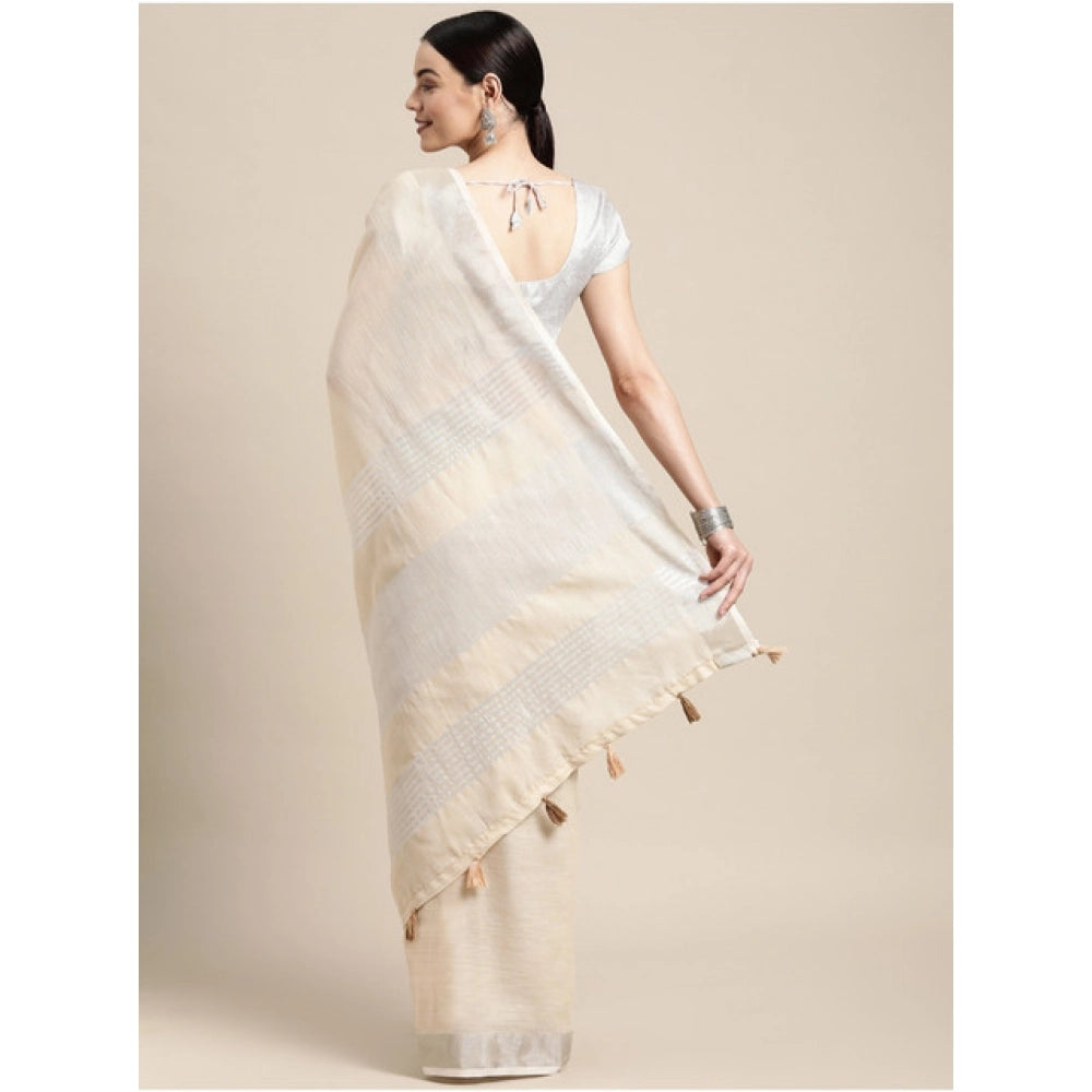 Vaystra Linen Cotton Printed Saree With Unstitched Blouse 5.5Mtr – Cream