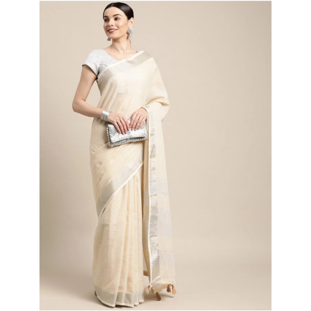 Vaystra Linen Cotton Printed Saree With Unstitched Blouse 5.5Mtr – Cream