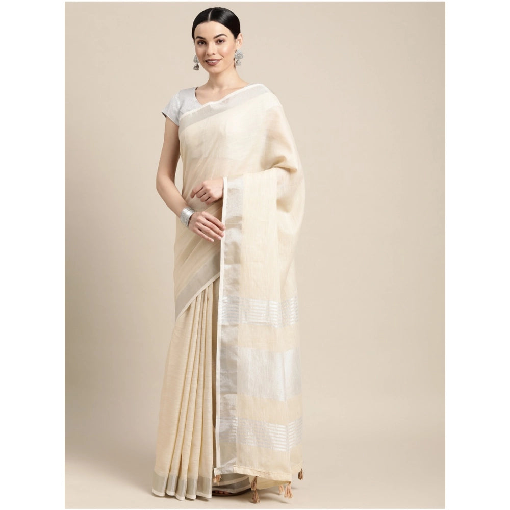 Vaystra Linen Cotton Printed Saree With Unstitched Blouse 5.5Mtr – Cream
