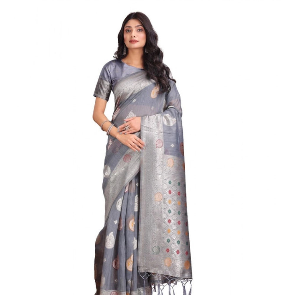 Vaystra Linen Cotton Printed Saree With Unstitched Blouse 5.5Mtr – Grey