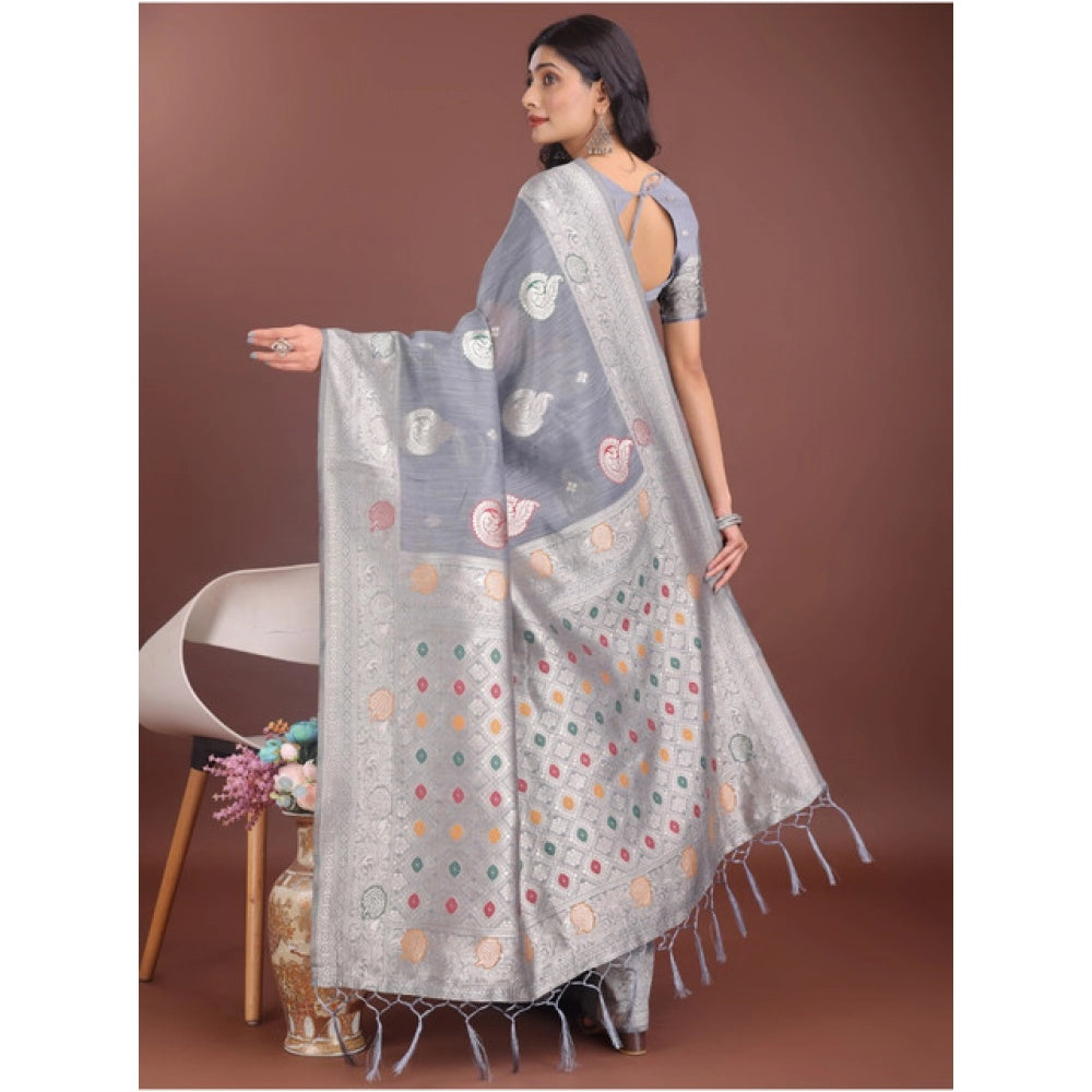Vaystra Linen Cotton Printed Saree With Unstitched Blouse 5.5Mtr – Grey