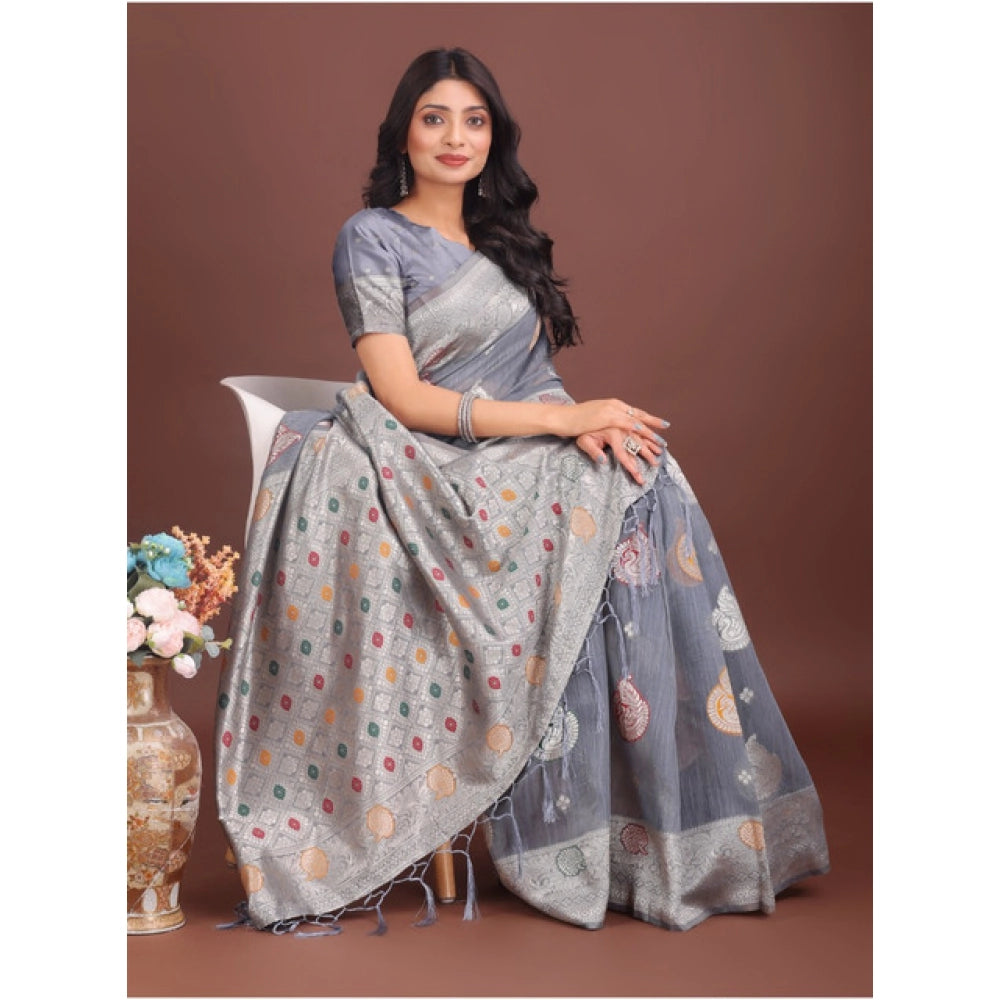 Vaystra Linen Cotton Printed Saree With Unstitched Blouse 5.5Mtr – Grey