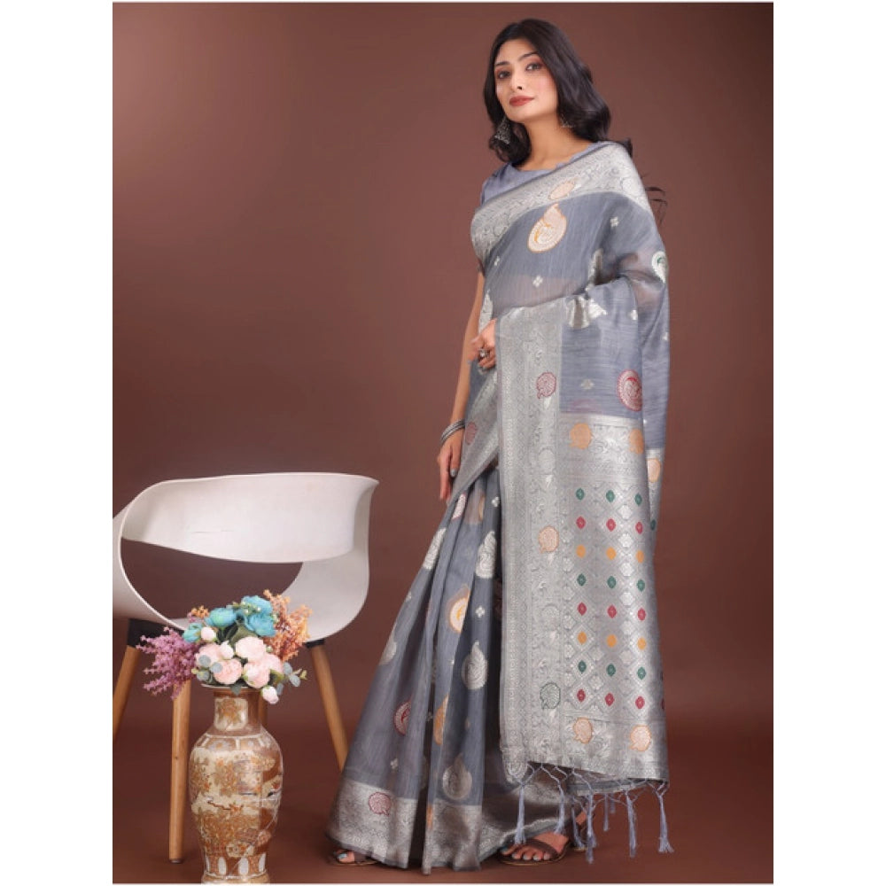 Vaystra Linen Cotton Printed Saree With Unstitched Blouse 5.5Mtr – Grey