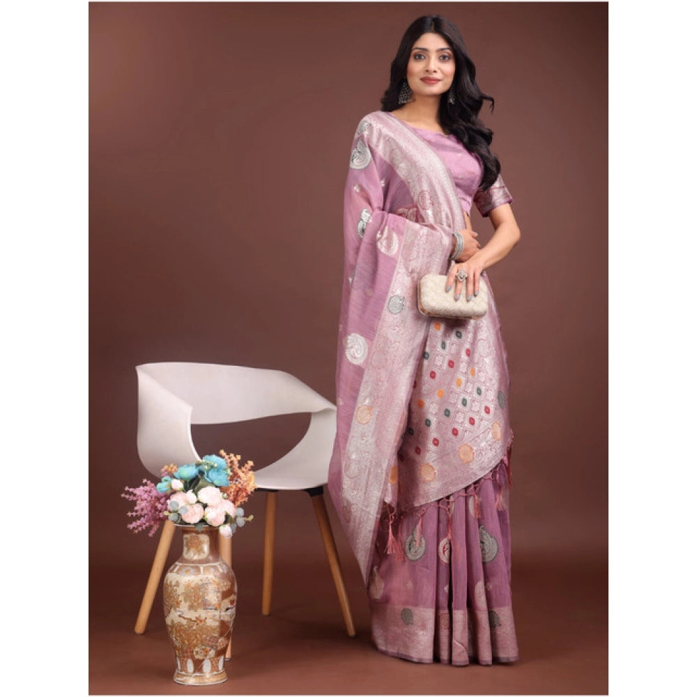 Vaystra Linen Cotton Printed Saree With Unstitched Blouse 5.5Mtr – Purple