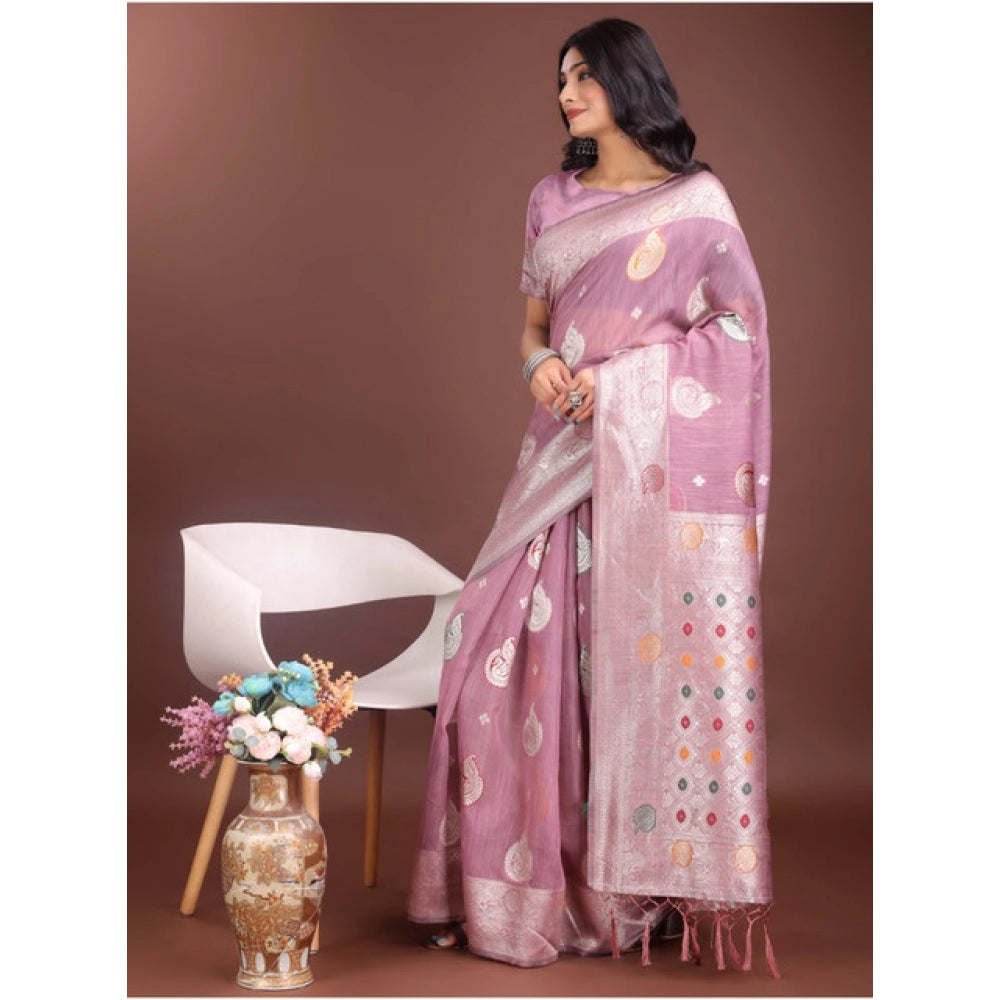 Vaystra Linen Cotton Printed Saree With Unstitched Blouse 5.5Mtr – Purple