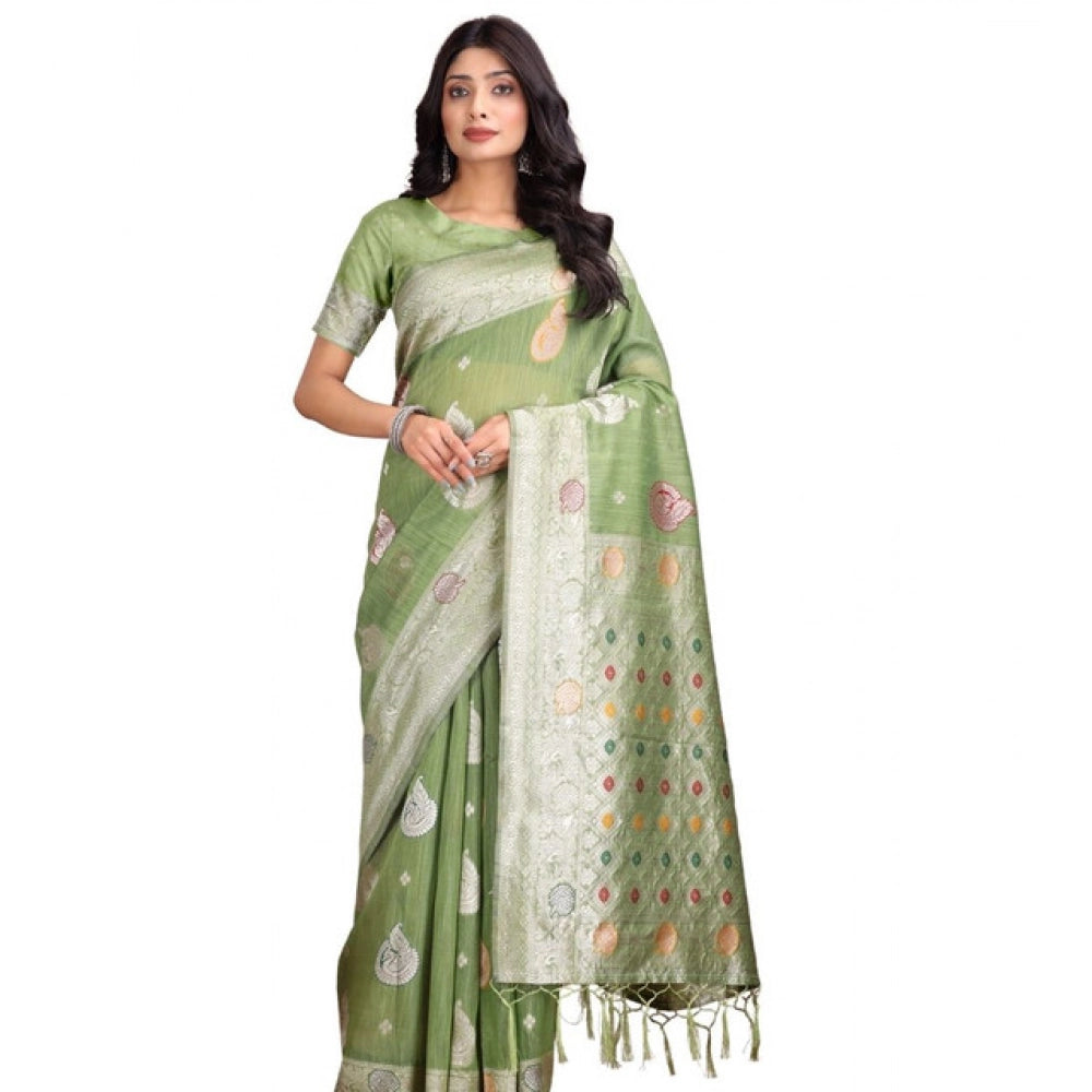 Vaystra Linen Cotton Printed Saree With Unstitched Blouse 5.5Mtr – Light Green