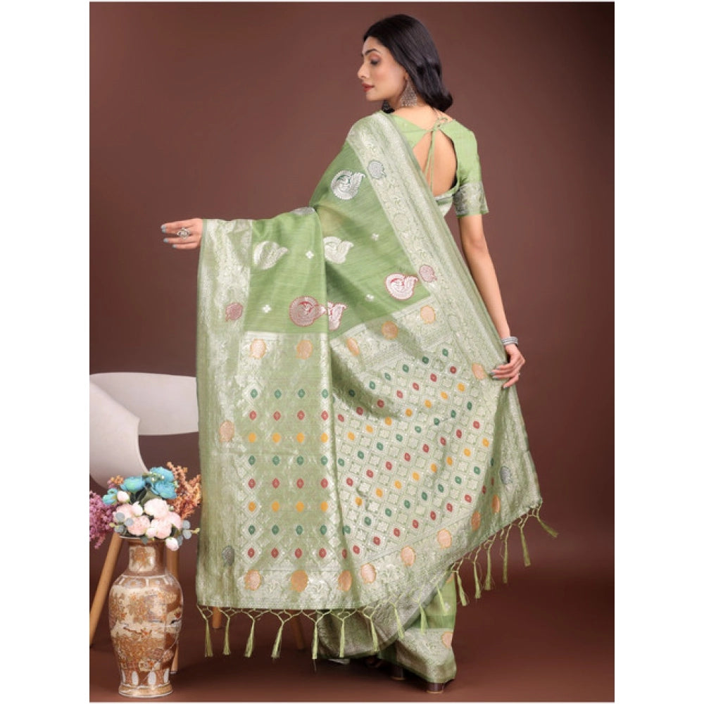 Vaystra Linen Cotton Printed Saree With Unstitched Blouse 5.5Mtr – Light Green