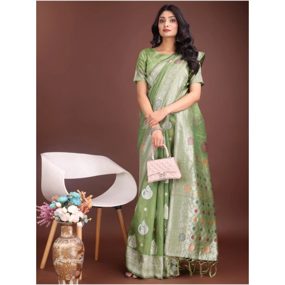Vaystra Linen Cotton Printed Saree With Unstitched Blouse 5.5Mtr – Light Green