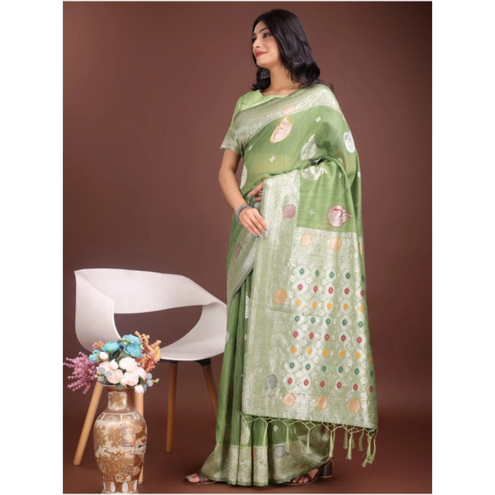 Vaystra Linen Cotton Printed Saree With Unstitched Blouse 5.5Mtr – Light Green