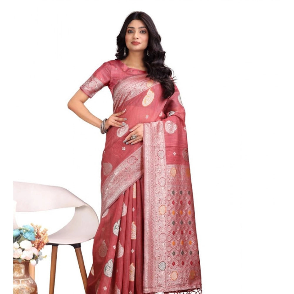 Vaystra Linen Cotton Printed Saree With Unstitched Blouse 5.5Mtr – Pink