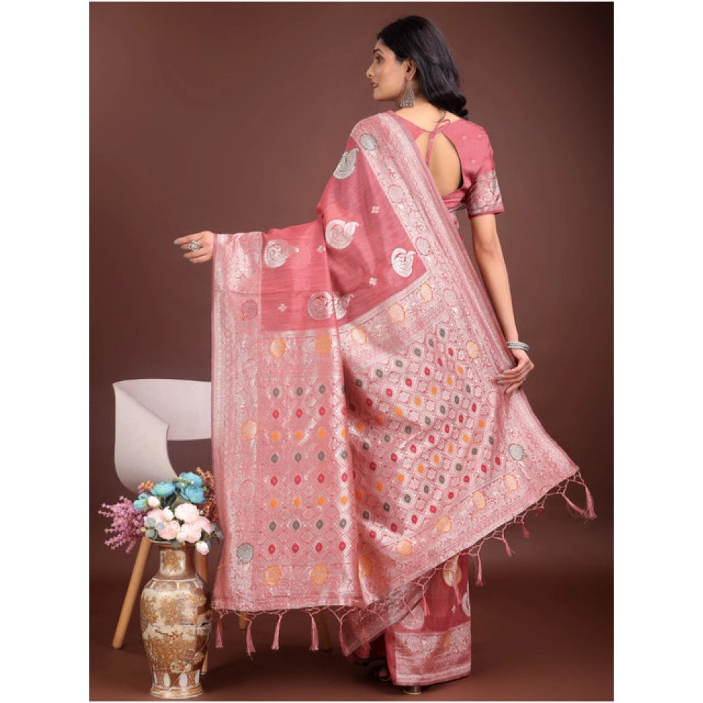 Vaystra Linen Cotton Printed Saree With Unstitched Blouse 5.5Mtr – Pink